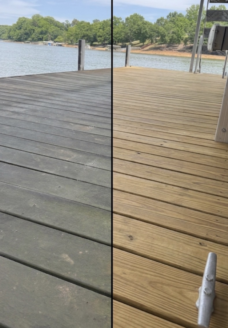 Lake dock pressure washed before and after